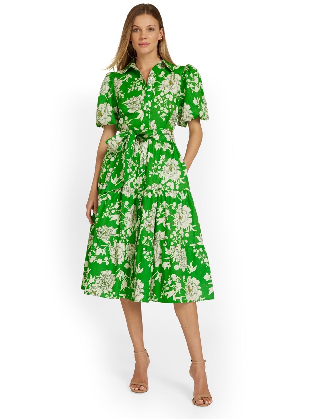 Flying Tomato Green Floral Button-Down Tiered Midi Dress Size Large (no belt)
